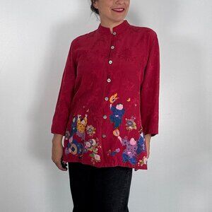 Vintage 90's Asian Inspired Silk Red Shirt - Side M